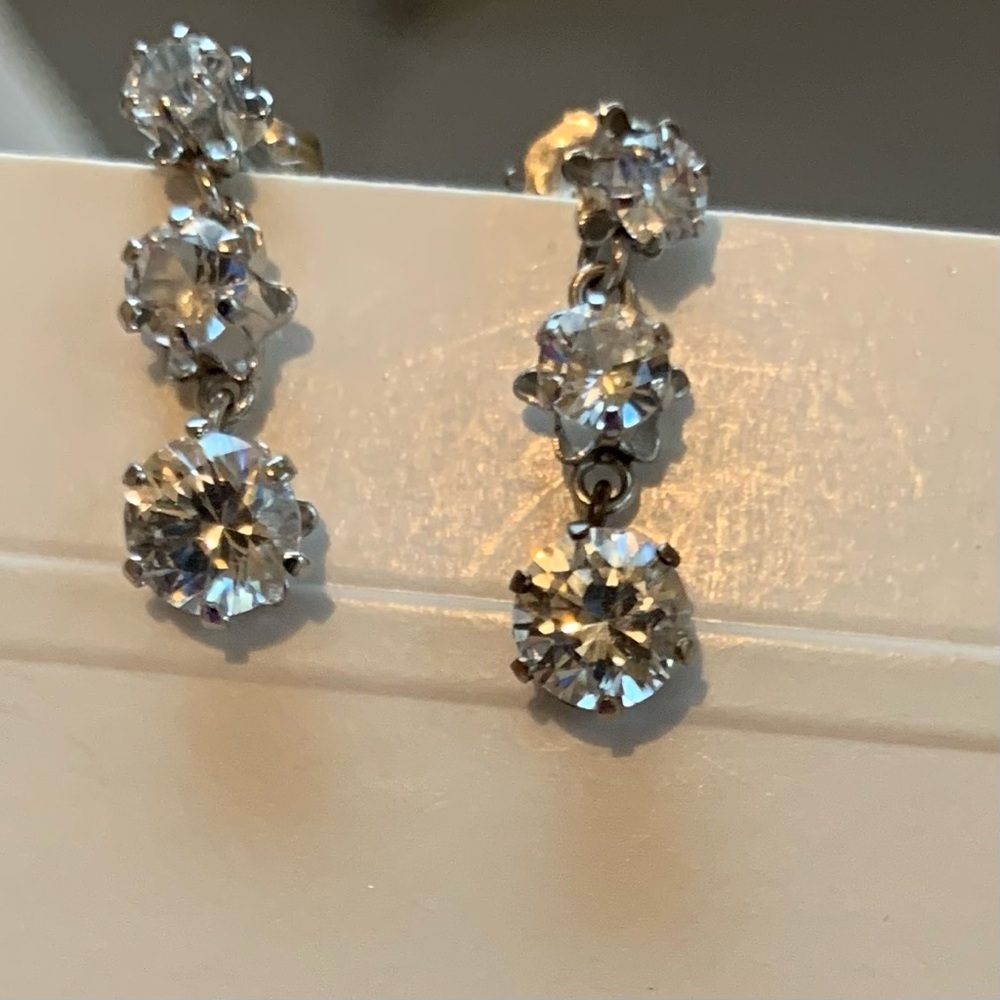 SILVER 3 CZ Diamond Drop Earrings VINTAGE EDWARDIAN-STYLE 
DANGLE EARRINGS 1” - Picture 6 of 9